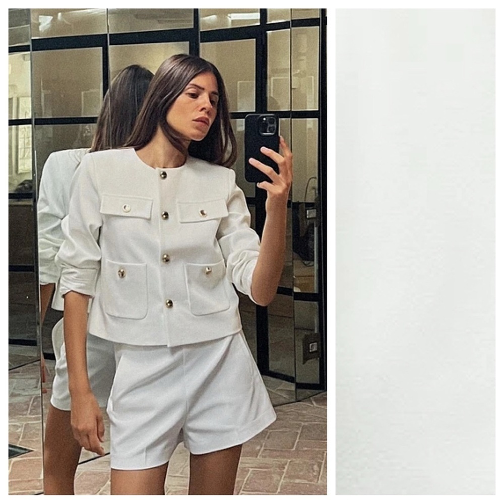 NWT. Zara White Viscose Blend Golden Button Cropped Blazer. Size S.